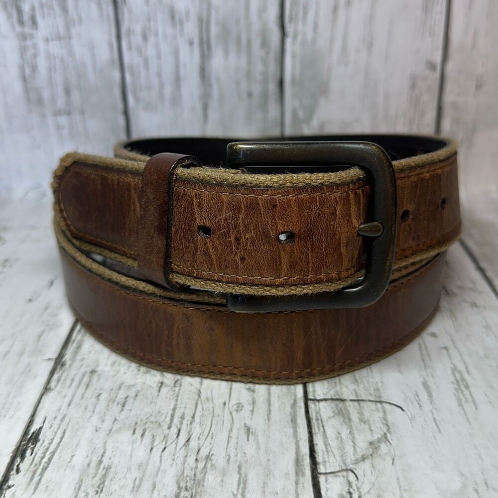 Men's‎ BILL ADLER Belt Brown Leather Canvas Trim  Size 40